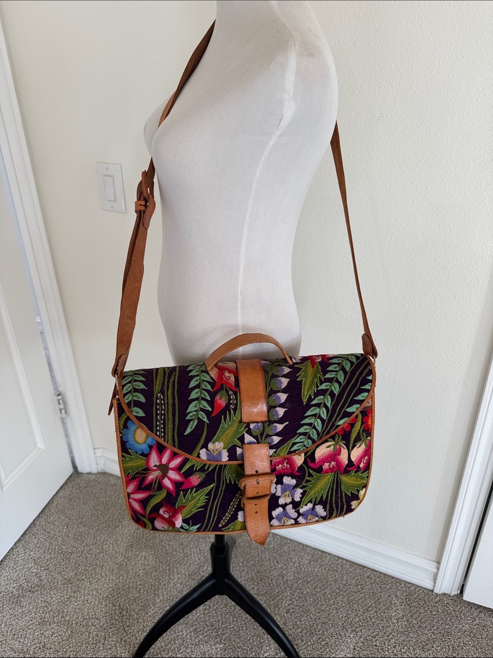 Mexican Floral Embroidered Crossbody Satchel with Tan Leather Trim